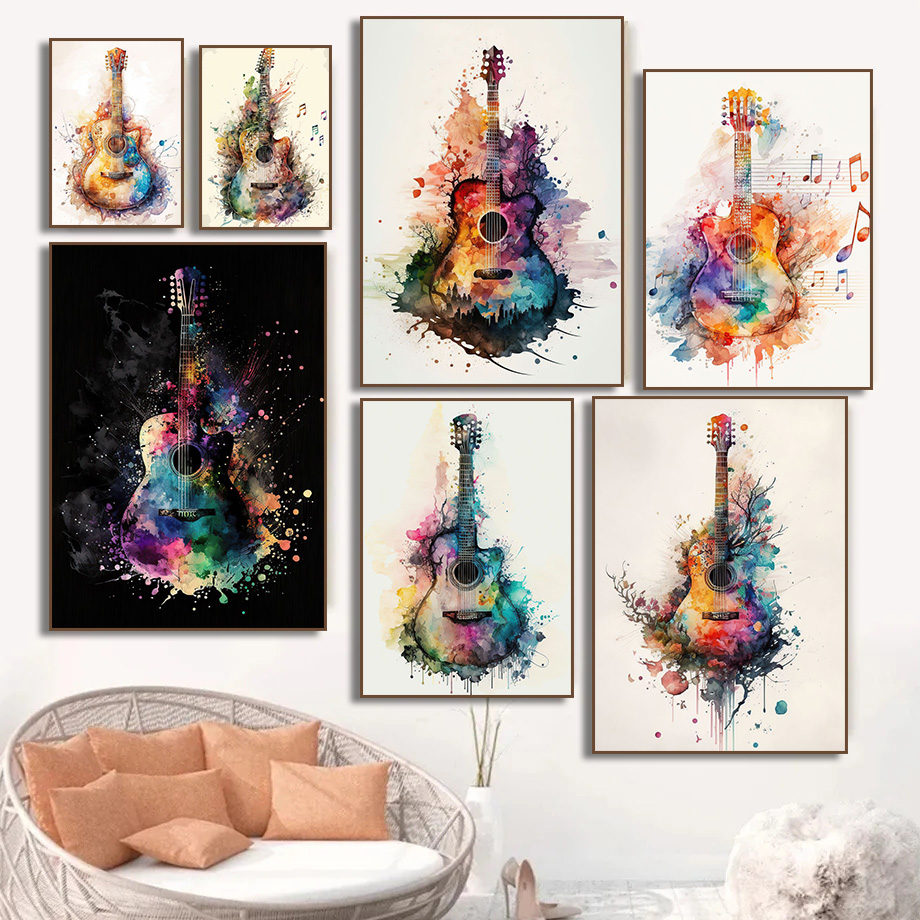 Picture Of Musical Instrument - Müzik Enstrümanı Gitar Suluboya sanat posterleri